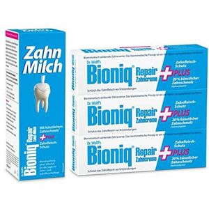 Bioniq® Repair Tandpasta Plus, 3 x 75 ml & tandmelk in set, 1 x 400 ml - tandpasta met kunstmatig glazuur en tandvleesbescherming en reparerende mondspoeling