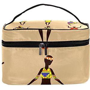 Running Paarden Reizen Make-up Tas Grote Cosmetische Tas Make-up Case Organizer Rits Toilettas Tassen voor Vrouwen Meisjes, Etnische Boho Afrikaanse Vrouwen Patroon, 22.5x15x13.8 cm/8.9x5.9x5.4 inch,