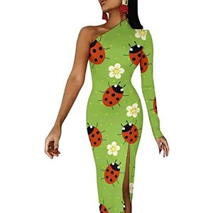 Lieveheersbeestjes met bloemen voor dames, halflange mouwen, avondjurk, feestjurk, cocktailjurk, split, bodycon jurk, S