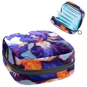 MUOOUM Paars Iris Art Patroon Maandverband Opbergtas Menstruatie Pad Tas Draagbare Menstruatie Cup Pouch met Rits voor Tiener Meisjes Vrouwen Dames