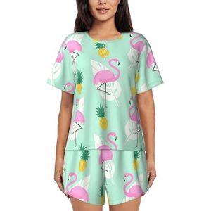 YJxoZH Roze Flamingo Ananas Print Vrouwen Zomer Pyjama Sets Nachtkleding Dames Korte Mouw Nachtkleding Pjs Lounge Met Zakken, Zwart, L
