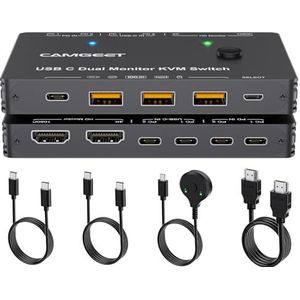 Camgeet USB C KVM-switch 2 monitoren 2 laptops, 4K@60Hz MST HDMI Dual Monitor KVM-switch voor 2 laptops 2 monitoren en 10Gbps 4 USB 3.0-hub, 80W PD-opladen, USB C-switch met 2x USB C-kabels
