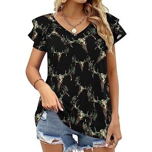 Camouflage eland drinken vrouwen casual tuniek tops ruches korte mouwen T-shirts V-hals blouse T-shirt