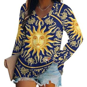 Celestial Barok Blauw Goud Zonnegezicht Vrouwen Casual Lange Mouw T-shirts V-hals Gedrukt Grafische Blouses Tee Tops 2XL