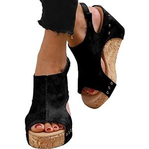 Boho sleehak sandalen | Boho stijlvolle klinknagel sleehak sandalen PU leer - Jurk Sandalen Dames Zomer Casual Peep Toe Sandalen Leryveo