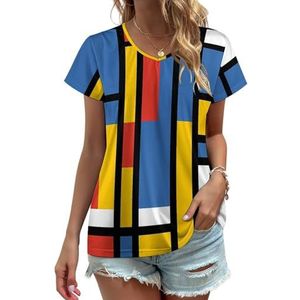 Zwart Bauhaus Abstract Moderne Mondriaan Stijl Blauw Geometrische Vrouwen V-hals T-shirts Leuke Grafische Korte Mouw Casual Tee Tops 5XL