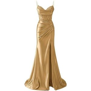 YIANN Satijnen baljurk met spaghettibandjes voor dames, met split, kant, applicatie, zeemeermin, lange baljurk, formele jurk, Goud, 32