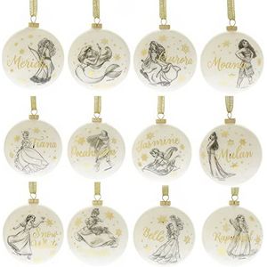 Disney Princess Set van 12 Glitter acryl kerstballen met gouden hangend lint