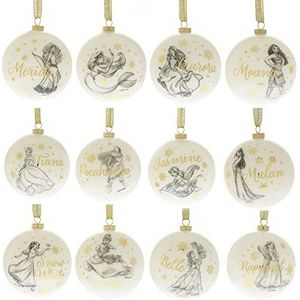 Disney Princess Set van 12 Glitter acryl kerstballen met gouden opknoping lint