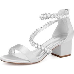 GHSIRUEU Vrouwen Parels Strappy Lage Chunky Blokhak Sandalen Open Teen Achter Ritssluiting Satijn Prom Wedding Party Jurk Schoenen,Zilver,36 EU