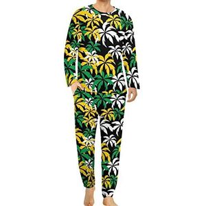 Palmbomen in Jamaica Kleuren Comfortabele Heren Pyjama Set Ronde Hals Lange Mouw Loungewear met Zakken 3XL