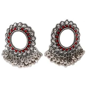 Oorbellen Klassieke Elegante Vrouwen Zilver Kleur Ronde Indiase Oorbellen Bijoux Zomer Gypsy Cz Kralen Bollywood Bruiloft Oorbellen Hangers (Color : Red)