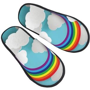 ZaKhs Cartoon Regenboog Wolken Print Vrouwen Slippers Antislip Fuzzy Slippers Leuke Huis Slippers Voor Indoor Outdoor L, Zwart, Large Wide