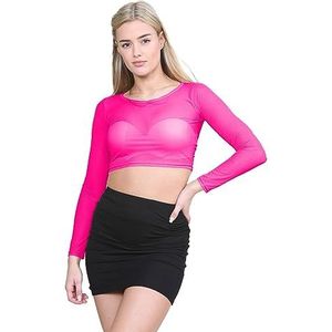 janisramone Doorzichtige crop top van mesh voor dames, doorschijnend T-shirt met lange mouwen, ronde hals, blouse, feesttop, Neon Roze, 38-40