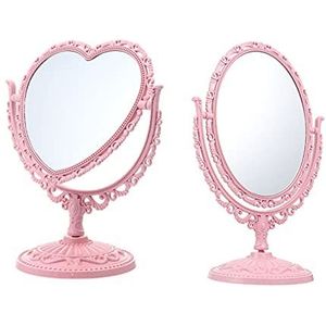 AAOCLO Kleine Spiegel, 2 Stks Vanity Mirror Make Up Spiegel Hartvorm Cosmetische Spiegel Dubbelzijdige Draaibare Tafel Spiegel Voor Make-up Scheren Gezichtsverzorging Roze