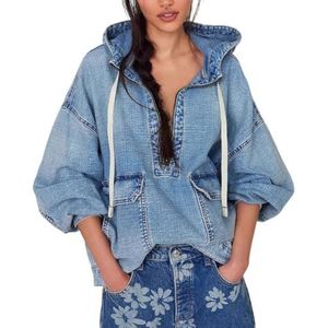 QOUERUUE Vrouwen Casual Denim Hoodie Pullover Tops Lange Mouw Losse Fit Half Zip Jean Hooded Sweatshirt, Blauw, M