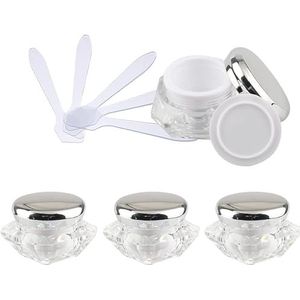 Cosmetische potten, 4 stuks, lege 10 ml transparant acryl diamantvorm cosmetische container gezichtscrème lotion potten pot met roze deksels + 4 x lepel