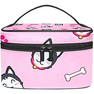 Leuke Hond Glimlach Bril Hoofd Bone Roze Make-up Organizer Tas, Reizen Make-up Tas Organizer Case Draagbare Cosmetische Tas voor Vrouwen en Meisjes Toiletartikelen, Meerkleurig, 22.5x15x13.8cm/8.9x5.9x5.4in