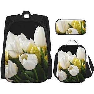 OUSIKA Witte tulpen bloemen print 3 stuks rugzak casual dagrugzak lunchbox etui combinatie set voor reizen, zwart, één maat, Zwart, Eén maat
