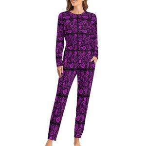 Paarse Paisley Zachte damespyjama met lange mouwen, warme pasvorm, loungewear sets met zakken, XS