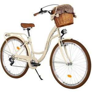 MILORD Damesfiets, stadsfiets, comfort, met rieten mand, Hollandfiets, vintage, 26, 28 inch, 7 versnellingen (bruin-crème, 71 cm)