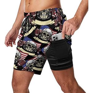 Color Skull USA Voetbal Heren Zwembroek Sneldrogend 2 in 1 Strand Sport Shorts met Compressie Liner En Pocket