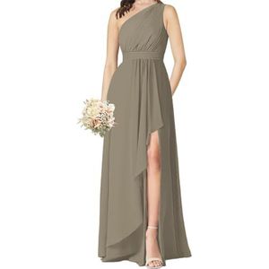 Één Schouder Prinses Bruidsmeisjes Jurken Ruches Prom Jurken Chiffon Formele Avond Party Jurk met Split ZM086, Taupe, 54 grote maten