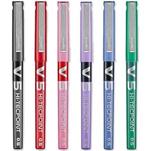 Pilot V5 Hi-Tecpoint Rollerball Pen - Fijne 0,5 mm Penpunt - 0,3 mm lijnbreedte - Pack van 6 - Zwart, Blauw, Rood, Groen, Violet & Roze