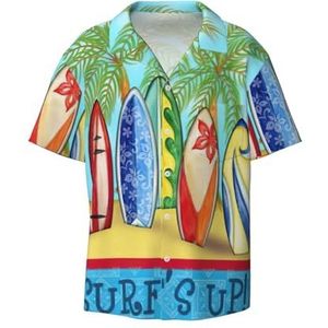 TyEdee Surfing Board Print Heren Korte Mouw Overhemd met Zak Casual Button Down Shirts Business Shirt, Zwart, 4XL
