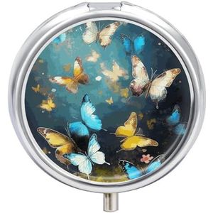 Vlinders pillendoos 3 compartimenten reispillenorganisator 3 keer per dag schattige mini pillenetui voor portemonnee en zak draagbare metalen medicijndoos met spiegel ronde dagelijkse