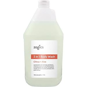 Zogics Body Wash, shampoo en handzeep, citrus + aloë geparfumeerd, 3-in-1 vloeibare zeep gallon (1 liter navul) Zogics