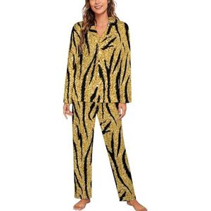 Golden Tiger Skin Pyjama Sets met Lange Mouwen voor Vrouwen Klassieke Nachtkleding Nachtkleding Zachte Pjs Lounge Sets