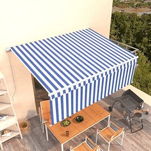 Rantry Handmatig zonnezeil, intrekbaar, met zonnedak, 4 x 3 m, blauw en wit, outdoortent voor privacy, balkon, terras