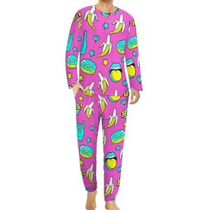 Neon kleuren bananen donuts comfortabele heren pyjama set ronde hals lange mouw loungewear met zakken S
