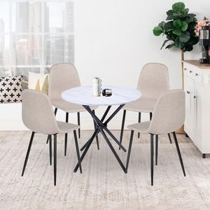 FurnitureR Ronde Houten Eettafel Set, 80cm Houten Keuken Tafel & 4 stks stoelen voor Eetkamer, Scandinavische Stijl Beige en Zwart, Wit Marmeren Tafel+4 stks Ronde Beige stoelen