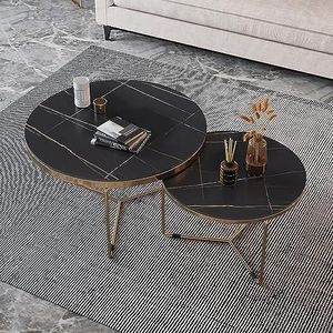 Ronde nest salontafel set van 2, moderne woonkamer bijzettafels met marmeren blad en stevig metalen frame, hoogglans stapelaccent tafel voor slaapkamer kleine ruimte (kleur: gouden poot+wit+zwart)