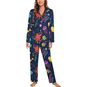 Bright Marine World Dames Lange Mouw Button Down Nachtkleding Zachte Nachtkleding Lounge Pyjama Set L