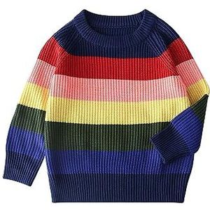 Gebreide trui voor jongens met regenboog kleurblok, warme herfst winterkleding ronde hals lange mouwen trui gebreide bolerojas herfst winter overgangsjassen schattige sweater kinderen trui, blauw, 80