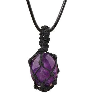 Crystal Tumbled Stone Pendant Necklace For Women Knotted Net Bag Leather Necklace Yoga Meditation Jewelry Gifts (Color : Amethyst)