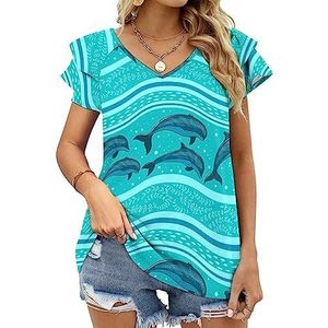 Dolphins in The Sea Casual tuniek tops ruches korte mouwen T-shirts V-hals blouse T-shirt