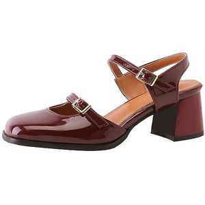 SJJH Retro Slingback Mary Jane Damesschoenen met vierkante punt en grote hakken, wijnrood 1, 44 EU