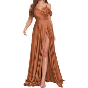 Off-shoulder satijnen bruidsmeisjesjurken voor dames, lange ruches A-lijn formele jurk met split, Verbrand Oranje, 40