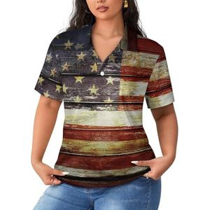 Amerikaanse houten vlag dames poloshirts met korte mouwen casual T-shirts met kraag golfshirts sport blouses tops L