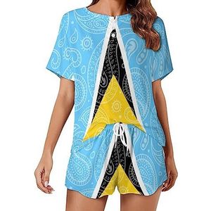 Paisley en Saint Lucia vlag mode 2 stuks dames pyjama sets korte mouw nachtkleding zachte loungewear stijl-4