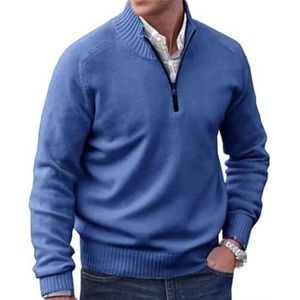 Heren kasjmier rits basic trui, gebreide trui casual lange mouwen trui solide gebreide trui, Blauw, M