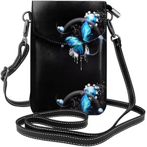 Blauwe Vlinder Lederen Cross Body Flip Telefoon Tas Met Afneembare Schouderbanden, Gebruikt Voor Reizen, Dating, Vakantie Geschenken, Zwart, Eén maat