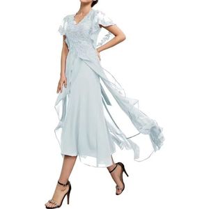 SAYNO Kant Applique Moeder van de Bruid Jurk voor Bruiloft Prom Jurken Plooien Cocktail Jurken Plus Size, IJsblauw, 32