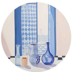 DEQORI Rond wandbehang, zelfklevend, diameter 120 cm, blauw stilleven, textielcanvas, verwijderbaar, decoratief en vormvast, voor woonkamer, kantoor, hal of kinderkamer