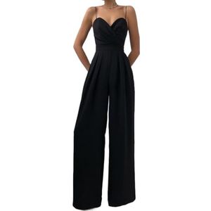 OHERUWKLS Dames Zomer Casual Effen Kleur V Hals Spaghetti Strap Strap Straight Long Jumpsuit,zwart,3XL