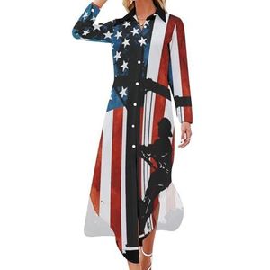 Lineman Amerikaanse vlag elektrische kabel lijnwachter dames maxi-jurk lange mouwen knopen overhemd jurk casual feest lange jurken M